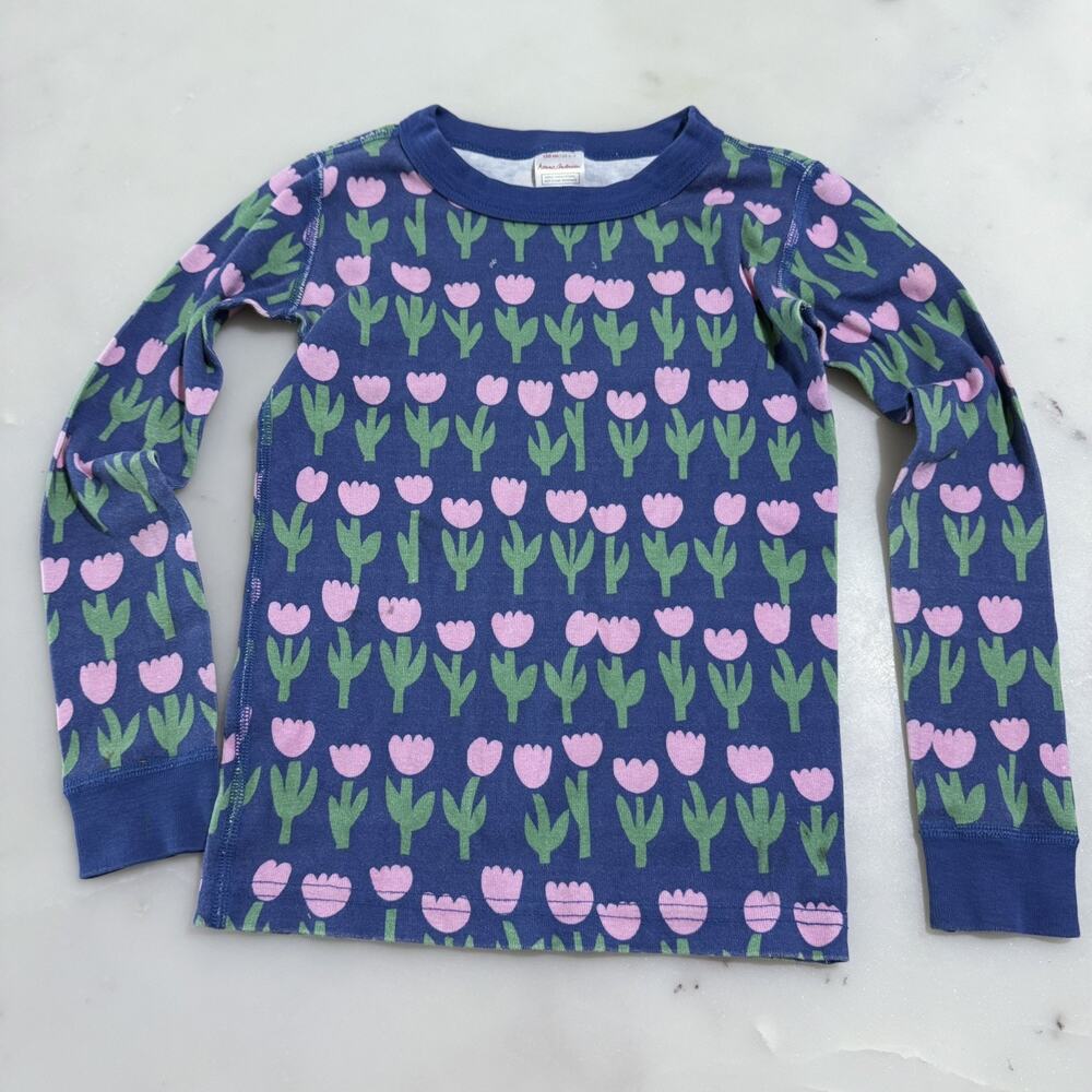 Hanna Andersson Pajama Top Girls 6-7 Blue Pink Tulips Flower Long Sleeves Cotton